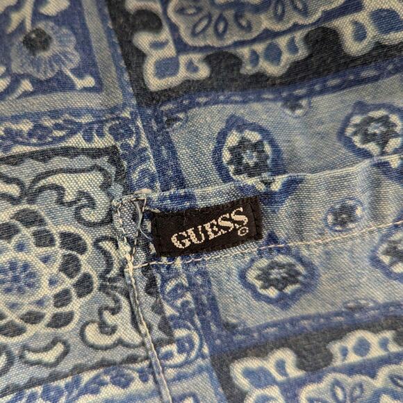 Vintage GUESS USA Denim Shirt 80s 90s ~ Tile print long sleeve snap front - Picture 4 of 7